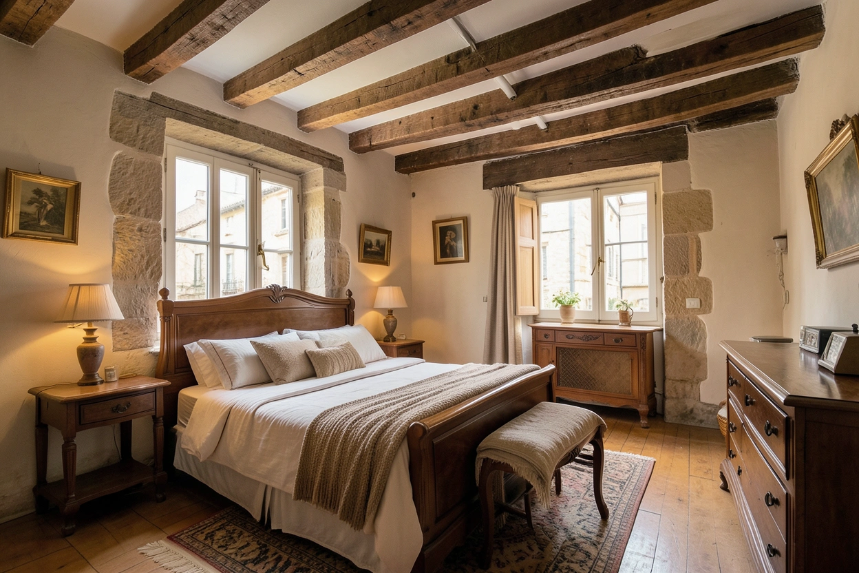 Chambre d'hôtes chaleureuse avec linge clair et poutres anciennes